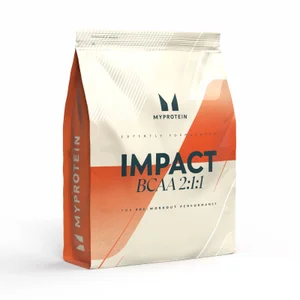 A white and orange resealable bag of Myprotein Impact BCAA 2:1:1 powder.