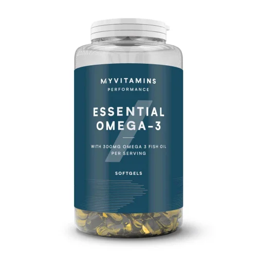 Clear plastic bottle with a white lid, filled with golden softgels.