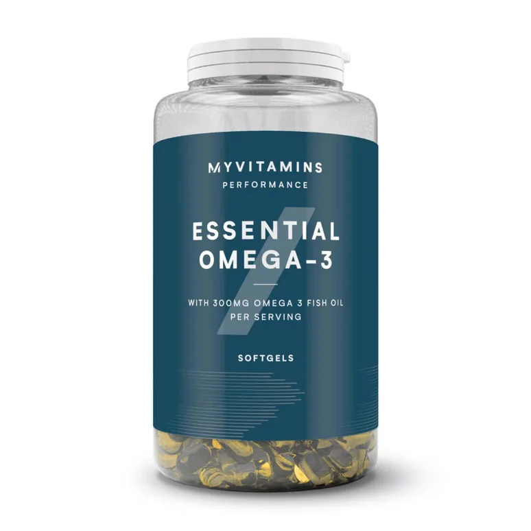 Clear plastic bottle with a white lid, filled with golden softgels.