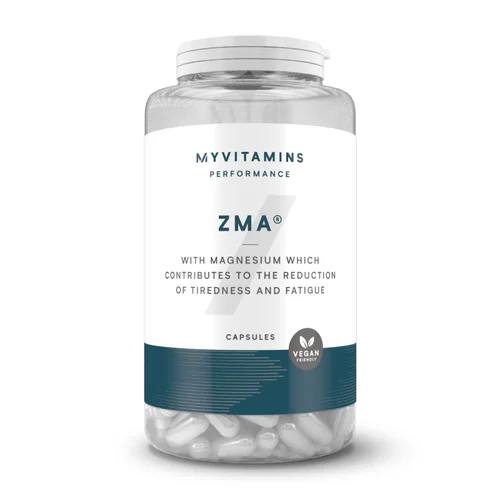 Clear plastic bottle of Myprotein ZMA capsules with a white lid and dark blue label.