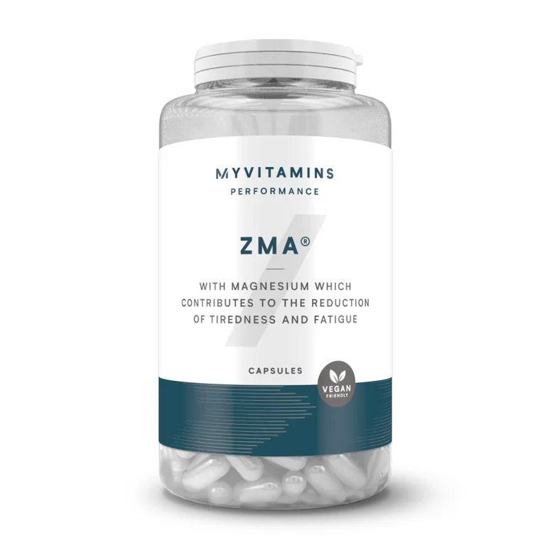 Clear plastic bottle of Myprotein ZMA capsules with a white lid and dark blue label.