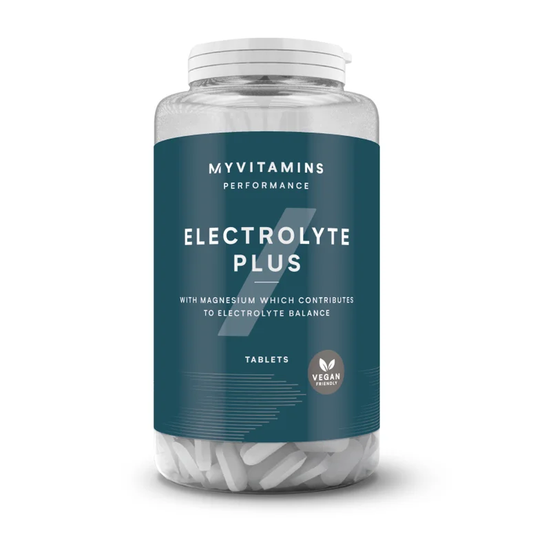 Clear plastic bottle of Myprotein Electrolyte Plus tablets with a white lid.