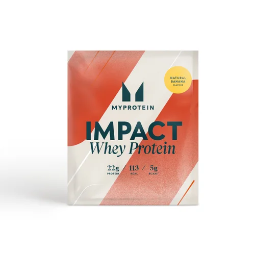 A single-serving, sealed, white packet with orange and white graphics, labeled "Impact Whey Protein.