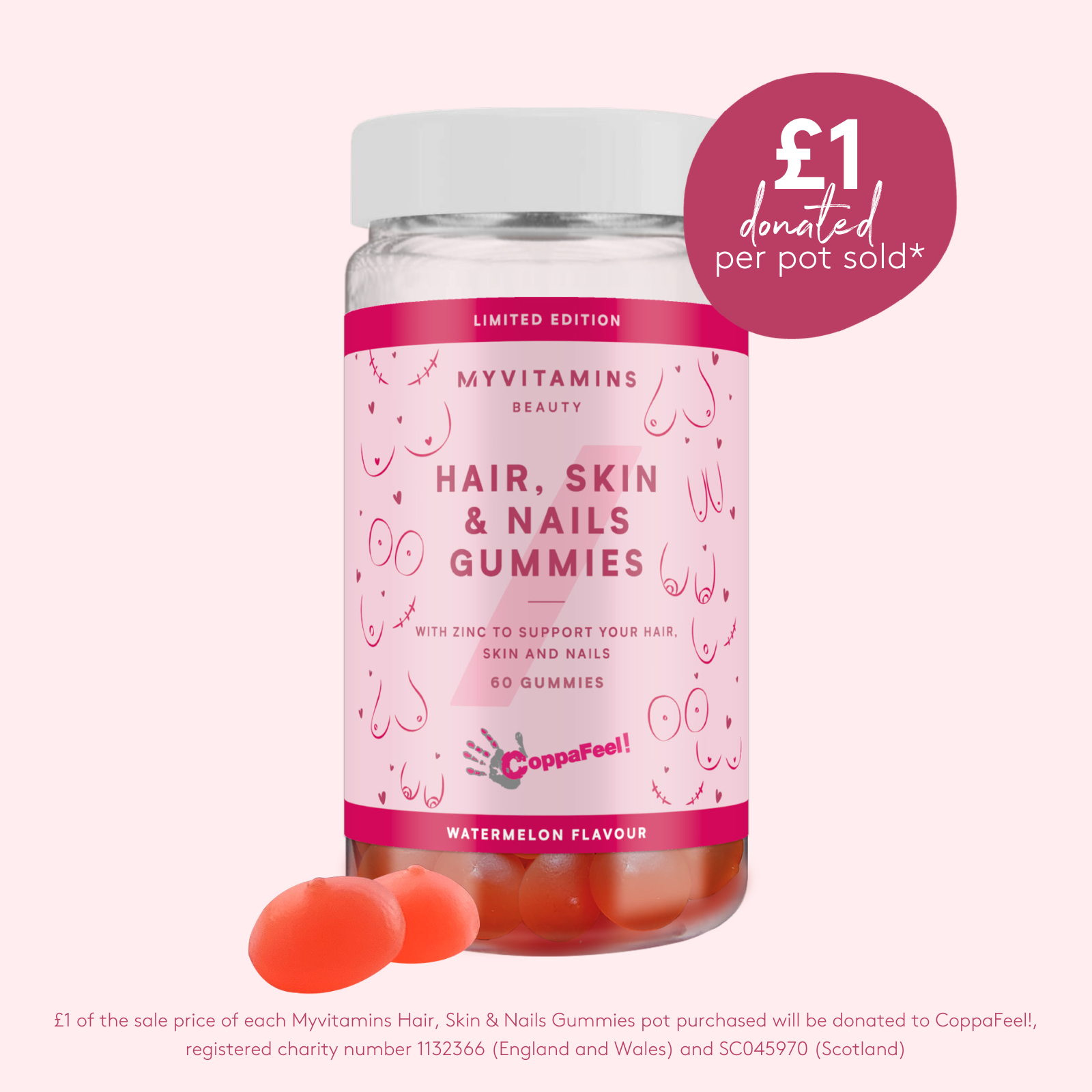 Myvitamins x CoppaFeel! Hair, Skin & Nails Gummies - 60gummies - Watermelon Image 1