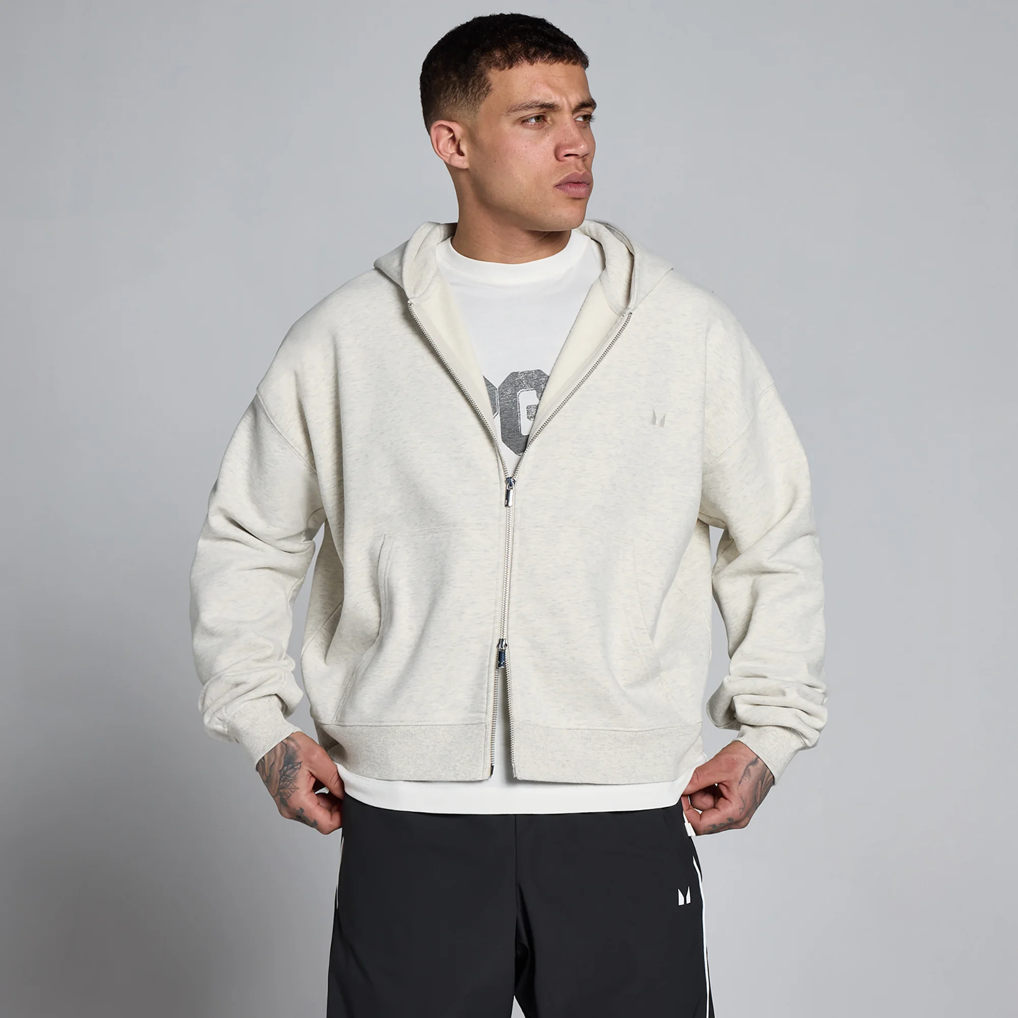 MP Men's Lift Oversized Loopback 2 Way Zip Hoodie - Creamy Grey Marl - M Image 1