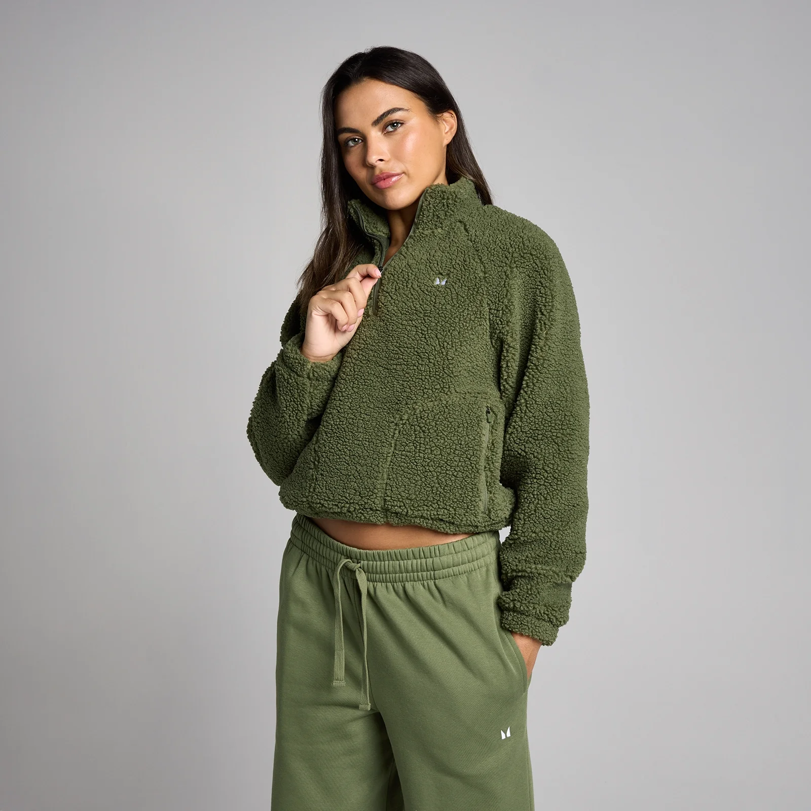 MP Women's Cropped Borg 1/4 Zip Fleece - Washed Olive - M Image 1