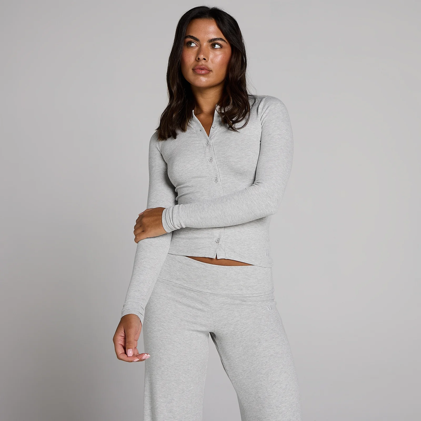 MP Women's Ribbed Button Down Top - Grey Marl - L Image 1