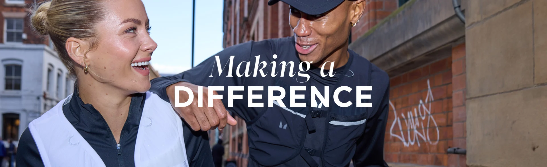 Image of two people laughing, text says "making a difference"